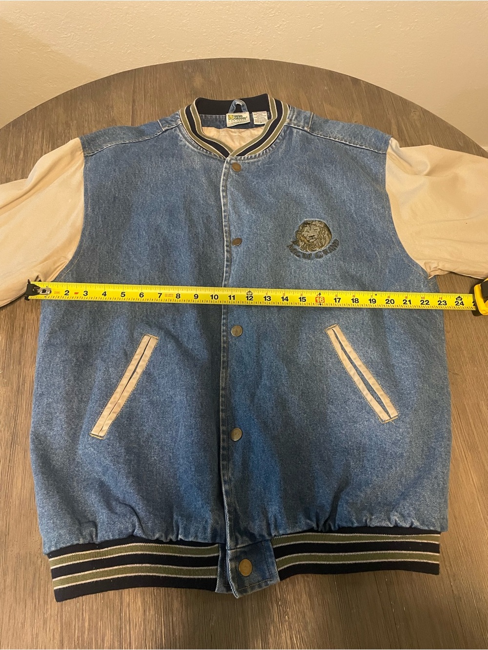 Vintage MGM GRAND Las Vegas Denim Bomber Jacket with Cream Sleeves
